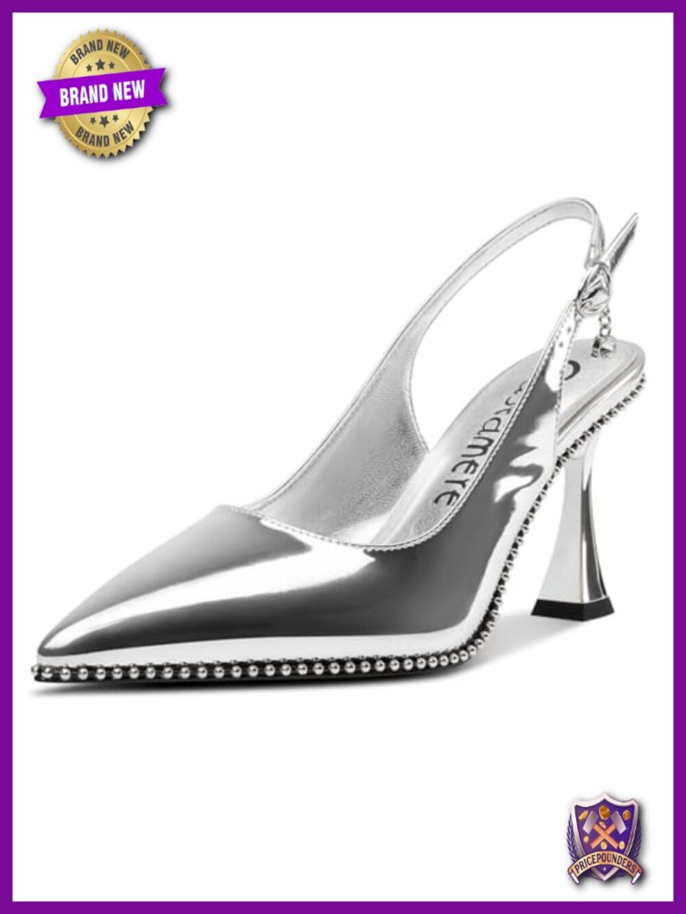 Women's Chunky Kitten Heel Slingback Pointed Toe Beaded Pumps 3.5 Inch